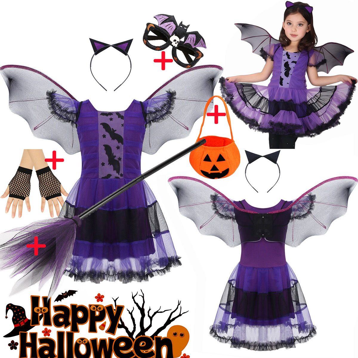 Cosplay Bat Prop - ガールフライングバットコスプレ衣装ハロウィンストリートパーティーアパレルドレス+羽+ヘッドバンドかわいいオールセントの日の衣装バット服セット