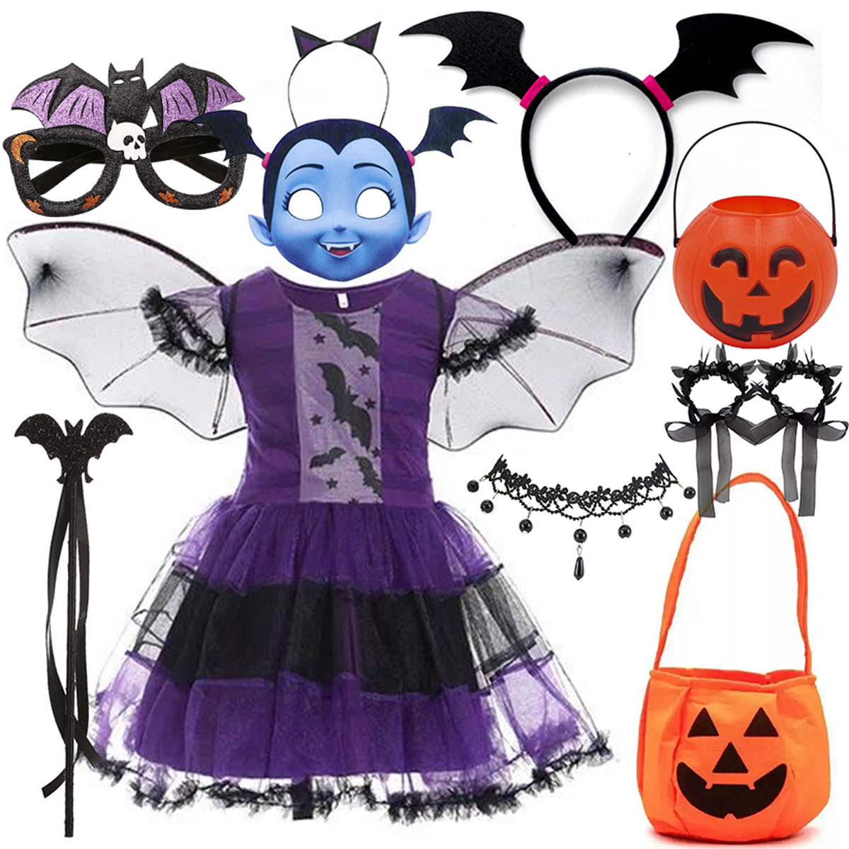 Cosplay Bat Prop - 女の子用ハロウィン吸血鬼コスチュームドレス 翼付きマスク パンプキンバケットアクセサリーセット キッズパープルウィッチコスプレパーティー衣装