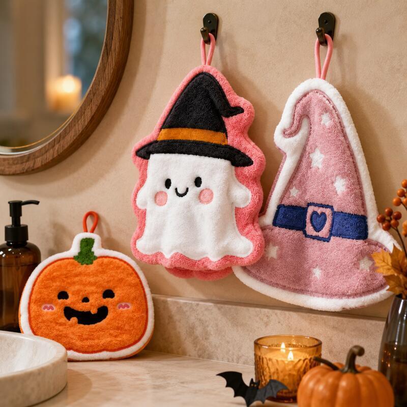 Cosplay Bat Prop - 面白いハロウィンハンドタオル、カボチャのゴースト、魔女の帽子、月、コウモリの柄のキッチン・バスルーム装飾用吊り下げタオル